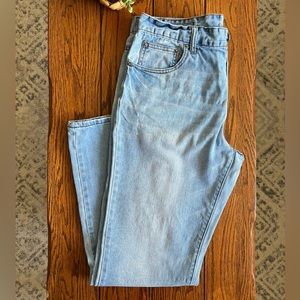 Men’s Light Blue Distressed Jeans, 34/32, ‘Relaxed Straight/Freedom Flex’ Fit